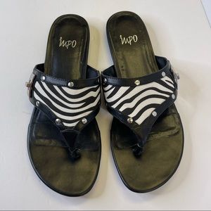 Impo sandals black flats toe slide zebra print size 8.5